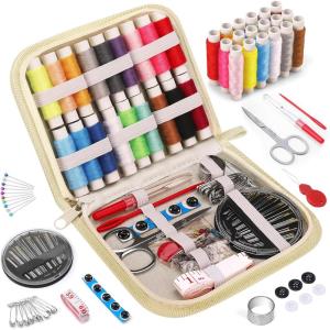 imageCoquimbo Sewing Kit for Adults Kids Beginner Traveler Portable Sewing Supplies Contains Soft Tape Measure Scissors Thimble Thread Sewing Needles Beige MBeige