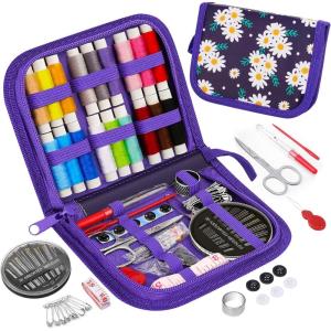 imageCoquimbo Sewing Kit for Adults Kids Beginner Traveler Portable Sewing Supplies Contains Soft Tape Measure Scissors Thimble Thread Sewing Needles Beige MPurple